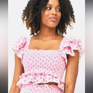 LoveShackFancy Pink Floral Ruffle Crop Top